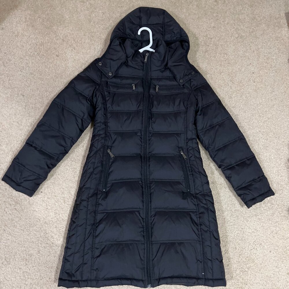 Michael Kors Black Quilted Nylon Down Fowl Fill Zip Up Det. Hood Coat Women's S